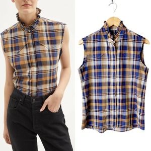 NILI LOTAN Feora Blue/Tan Plaid RuffleNeck Top NWT